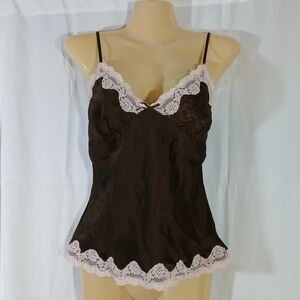 Y2K No Boundaries Small Camisole Top Brown Satin Pink Lace Babydoll Vintage